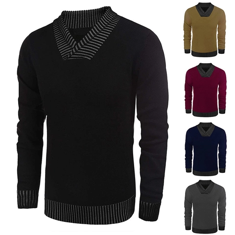 Herren Strickpullover V-Ausschnitt Acryl Polyester Mischung Gestreifte Rippbündchen Schalkragen Pullover Business Casual Slim Fit