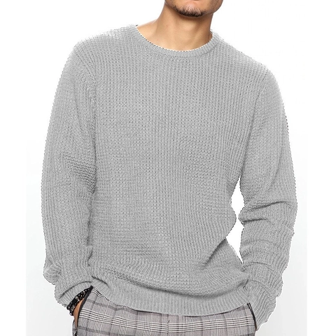 Men's Crew Neck Pullover Sweater Loose Long Sleeve Knit Top Waffle Textured Polyester Nylon Knitted Jumper Urban Fashion Knitwear
