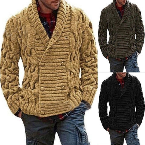 Heren Dik Gebreid Vest Trui Double-breasted Sjaalkraag Kabelgebreide Warme Jas Voor Casual Outdoor Winter Herfst