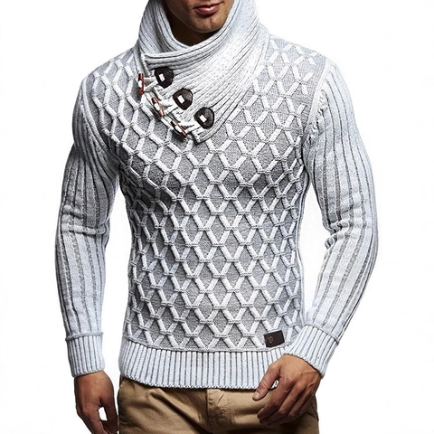 Men High Neck Knit Sweater Toggle Button Pullover Diamond Texture Long Sleeve Thick Casual Winter Warm Tops Men Clothing