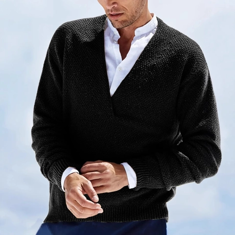 Herren V-Ausschnitt Strickpullover Waffelstruktur Einfarbig Langarm Pullover Britischer Stil Casual Winter Warm Top Für Herren