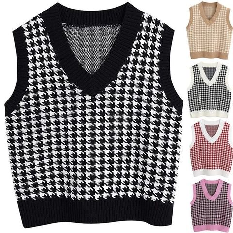 Damen Hahnentritt Weste Gestrickt V-Ausschnitt Ärmellos Pullover Strickweste Herbst Winter Casual Top Elegant Strickwaistcoat Außenbekleidung
