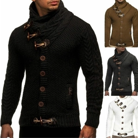 Herren Zopfmuster Strickjacke Hoher Kragen Knebelknopf Einreihig Warm Langarm Slim Fit Winter Herbst Casual Pullover