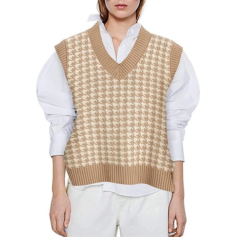 Damen Hahnentritt Weste Gestrickt V-Ausschnitt Ärmellos Pullover Strickweste Herbst Winter Casual Top Elegant Strickwaistcoat Außenbekleidung