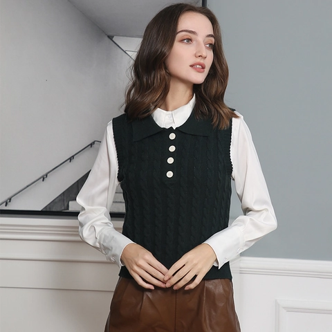 Women Vintage Cable Knit Sweater Vest Sleeveless Lapel Polo Collar Button Front Pullover Soft Core Spun Yarn Knitwear Loose Tops