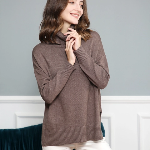 Maglione in Maglia Oversize a Dolcevita da Donna Misto Acrilico Viscosa Manica Lunga Spalle Cadenti Spacco Laterale Pullover Casual Comodo