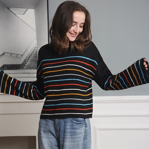 Women Vintage Striped Color Block Knit Sweater Round Neck Long Sleeve Loose Casual Pullover Fashion Autumn Winter Tops