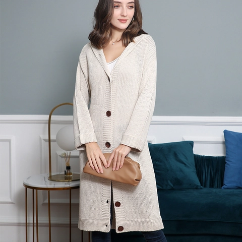 Cardigan Lungo in Maglia da Donna con Cappuccio Monopetto Tinta Unita Maglione in Acrilico Casual Capispalla Comodi
