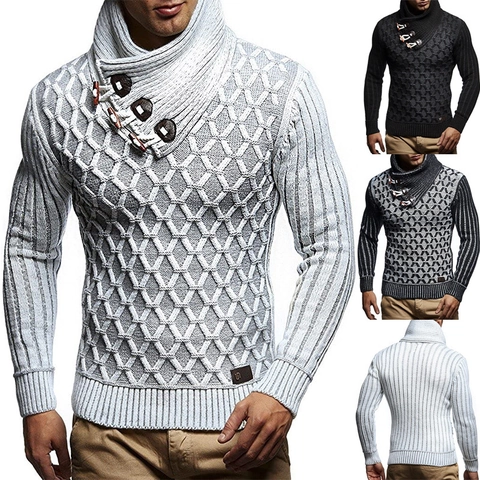 Men Turtleneck Knit Sweater Polyester Warm Winter Pullover Toggle Button Diamond Texture Slim Fit Casual Ribbed Knit Top