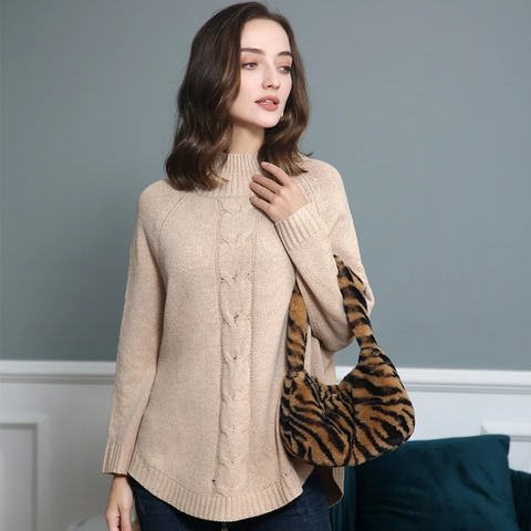 Women High Neck Cable Knit Sweater Loose Long Sleeve Pullover Fall Winter Solid Color Casual Knitwear With Curved Hem