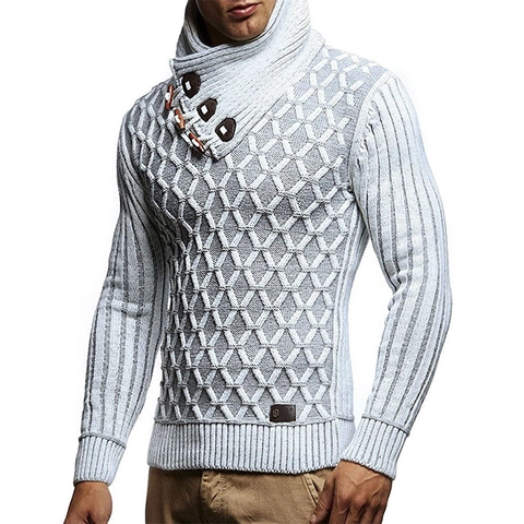 Men Turtleneck Knit Sweater Polyester Warm Winter Pullover Toggle Button Diamond Texture Slim Fit Casual Ribbed Knit Top