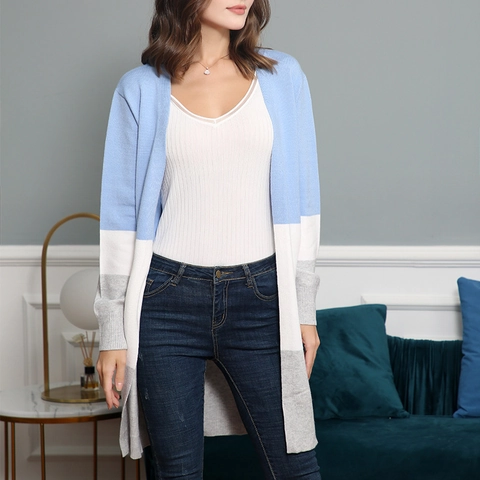 Cardigan in Maglia da Donna Blocchi di Colore Maglione Manica Lunga Aperto Davanti Media Lunghezza Casual Morbido Top