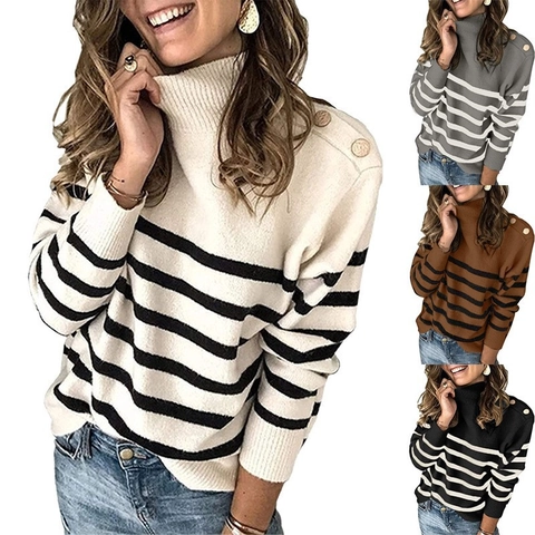 Dames Gestreepte Coltrui Acryl Gebreide Pullover Knoop Schouder Lange Mouwen Casual Winter Top