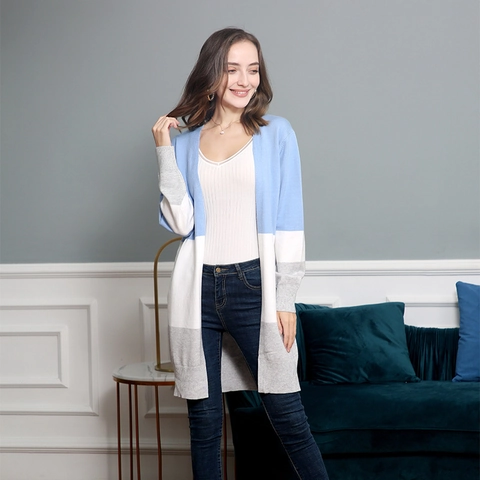 Cardigan in Maglia da Donna Blocchi di Colore Maglione Manica Lunga Aperto Davanti Media Lunghezza Casual Morbido Top