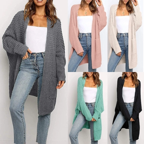Women Casual Waffle Knit Cardigan Long Sleeve Open Front Oversized Sweater Outwear With Pockets Loose Soft Acrylic Chunky Outerwear