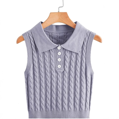 Women Vintage Cable Knit Sweater Vest Sleeveless Lapel Polo Collar Button Front Pullover Soft Core Spun Yarn Knitwear Loose Tops