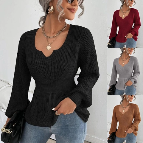 Maglione in Maglia da Donna in Acrilico con Scollo a V Peplo Manica Lunga a Lanterna Top Pullover a Costine per Moda Casual Streetwear