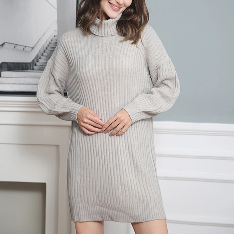Damen Casual Rollkragen Langarm Rippenstruktur Strickkleid Elegant Urban Locker Einfarbig Warm Acryl Pullover Midi Kleid