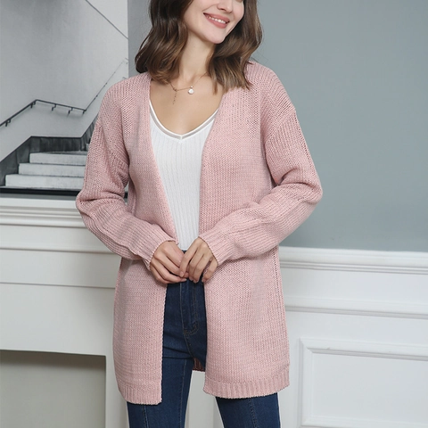 Damen Langarm Strickjacke Mittellang Locker Sitzende Offene Front Strickwaren Weiche Streetwear Lässige Oberteile