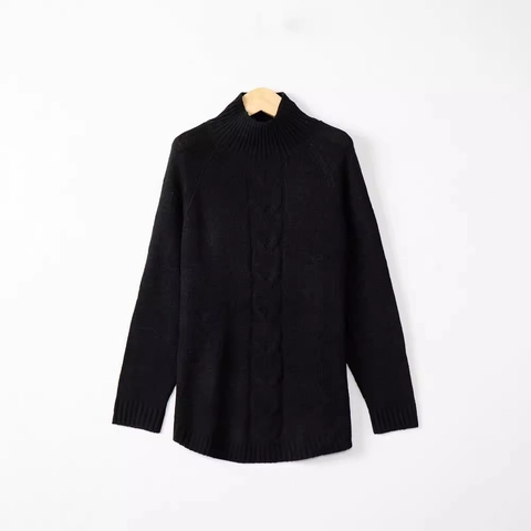 Women High Neck Cable Knit Sweater Loose Long Sleeve Pullover Fall Winter Solid Color Casual Knitwear With Curved Hem