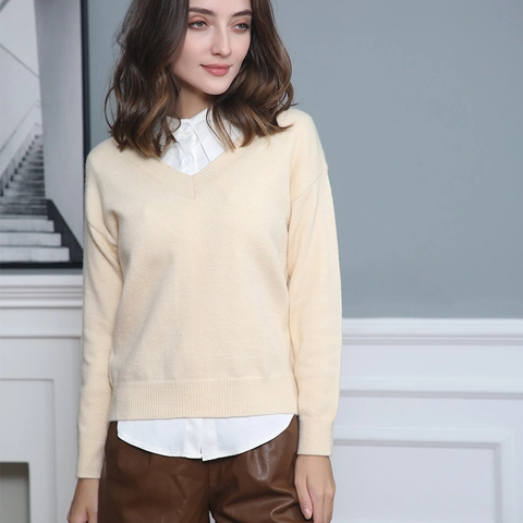 Dames V-hals Gebreide Trui Lange Mouwen Losse Pasvorm Zachte Acryl Pullover Geribbelde Manchetten Effen Kleur Casual Tops