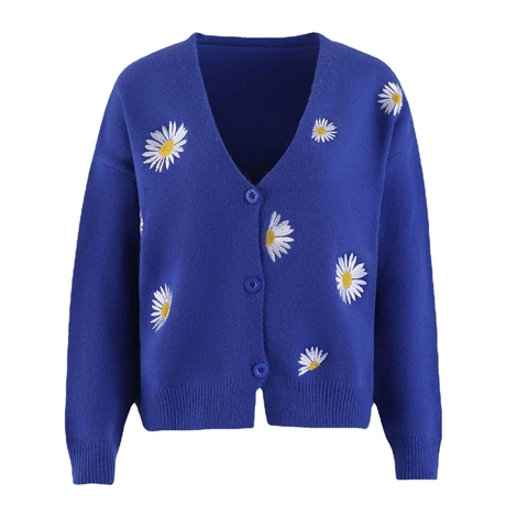 Daisy Embroidered Knit Cardigan V Neck Button Up Long Sleeve Sweater Floral Pastoral Style Loose Outerwear For Women