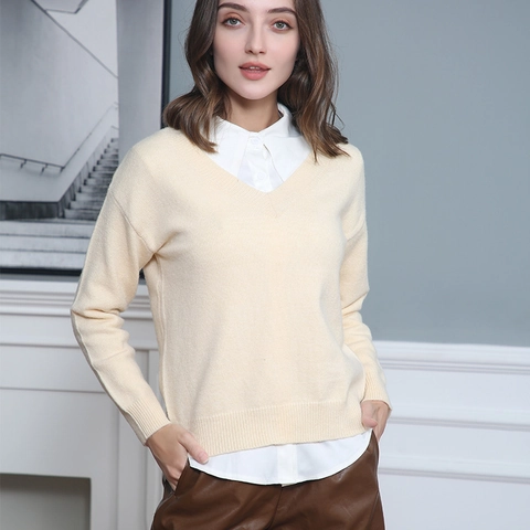 Dames V-hals Gebreide Trui Lange Mouwen Losse Pasvorm Zachte Acryl Pullover Geribbelde Manchetten Effen Kleur Casual Tops