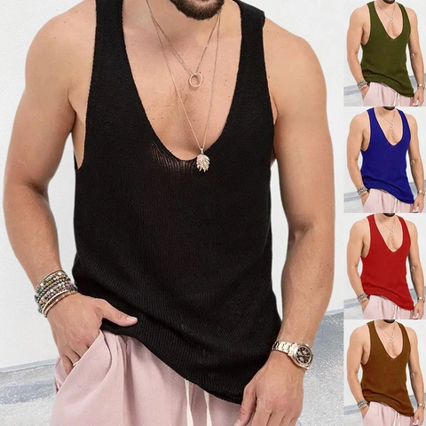 Camiseta sin Mangas de Punto para Hombre Cuello en V Profundo sin Mangas Verano Casual Transpirable Acrílico Color Sólido