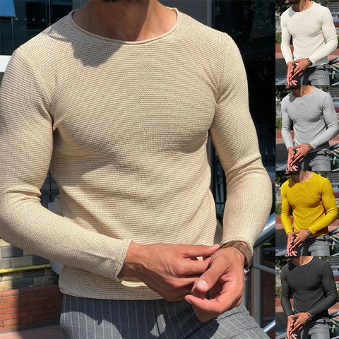 Ανδρικό Slim Fit Πλεκτό Πουλόβερ με Υφή Βάφλας Κλασική Στρογγυλή Λαιμόκοψη Μακρυμάνικο Μονόχρωμο Πλεκτό Smart Casual