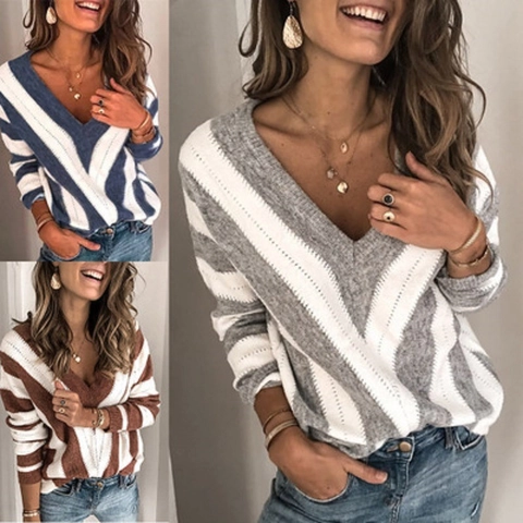 Maglione da Donna a Righe Scollo a V Lavorato a Maglia in Misto Acrilico e Nylon Pullover Patchwork Manica Lunga