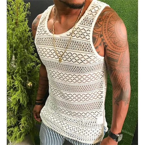 Men Hollow Out Crochet Tank Top Cotton Blend Breathable Sleeveless Mesh Knit Vest For Summer Vacation Beach Wear