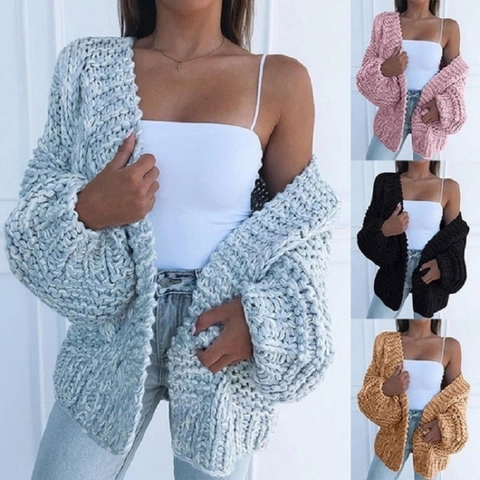 Damen Casual Zopfmuster Strickjacke Lockerer V-Ausschnitt Langarm Offene Strickpullover Mantel Für Herbst Winter Einfarbig Top