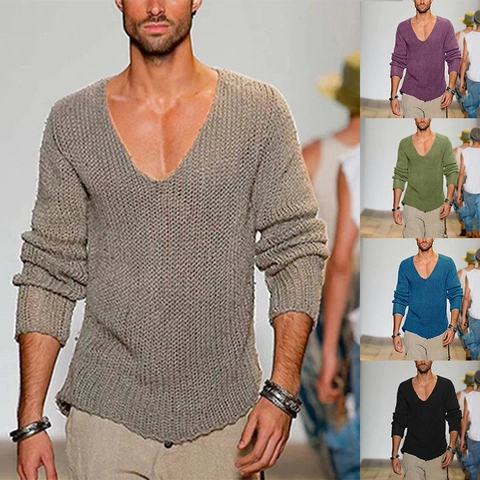Herren Strickpullover Mode V Ausschnitt Langarm Locker Passform Pullover Einfarbig Acryl Strickwaren Casual Top Für Herbst Frühling