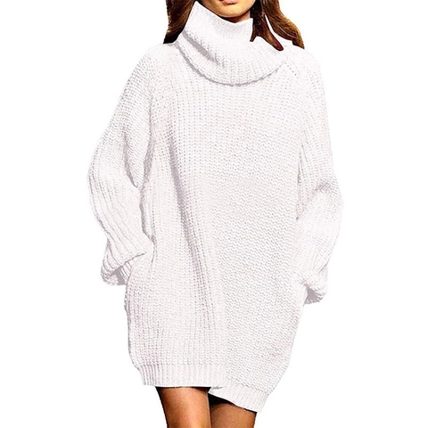 Women Oversized Turtleneck Chunky Knit Sweater Dress Long Sleeve Loose Casual Pullover Warm Solid Mid Length Jumper Top