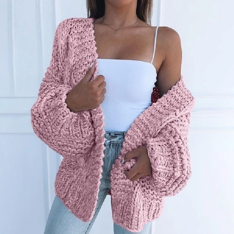 Women Chunky Knit Cardigan Sweater Lamb Wool Acrylic Solid Color Chunky V-Neck Long Sleeve Lantern Sleeve Oversized Casual Winter Coat