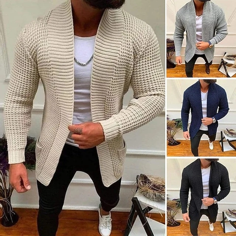Herren Strickjacke Schalkragen Offene Front Acryl Pullover Waffelstruktur Taschen Einfarbig Langarm Mode Oberbekleidung