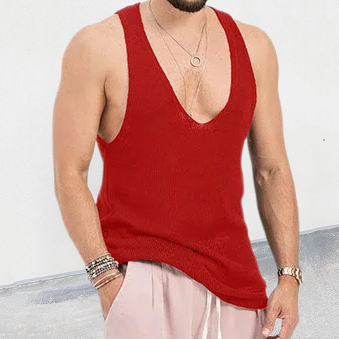 Camiseta sin Mangas de Punto para Hombre Cuello en V Profundo sin Mangas Verano Casual Transpirable Acrílico Color Sólido