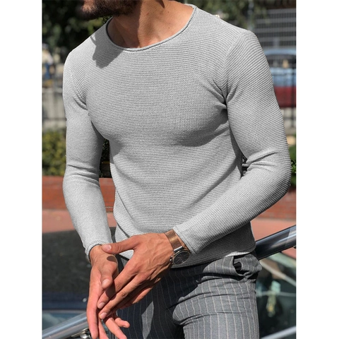 Ανδρικό Slim Fit Πλεκτό Πουλόβερ με Υφή Βάφλας Κλασική Στρογγυλή Λαιμόκοψη Μακρυμάνικο Μονόχρωμο Πλεκτό Smart Casual