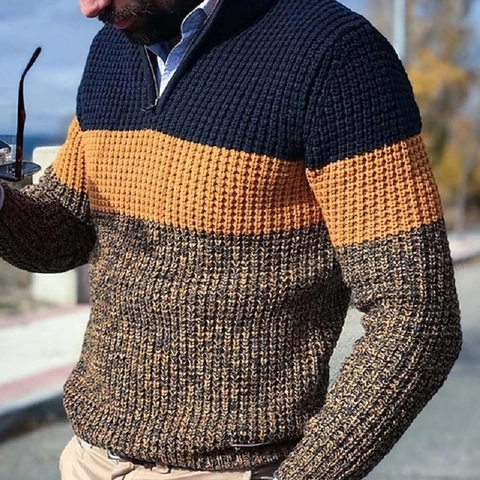 Suéter de Punto con Bloques de Color para Hombre Pullover con Cremallera 1/4 Casual Cálido de Manga Larga para Invierno