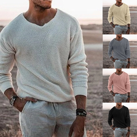 Heren Wafelgebreide Trui V-Hals Lange Mouw Casual Ruime Pasvorm Effen Kleur Warm Acryl Gebreide Top Voor Herfst Winter