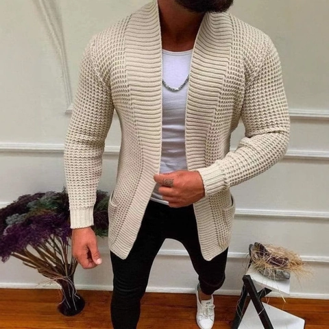 Herren Strickjacke Schalkragen Offene Front Acryl Pullover Waffelstruktur Taschen Einfarbig Langarm Mode Oberbekleidung