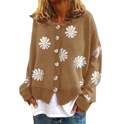 Cardigan in Maglia da Donna Ricamato a Margherita Girocollo Casual Manica Lunga Maglione in Misto Cachemire di Pecora Morbido