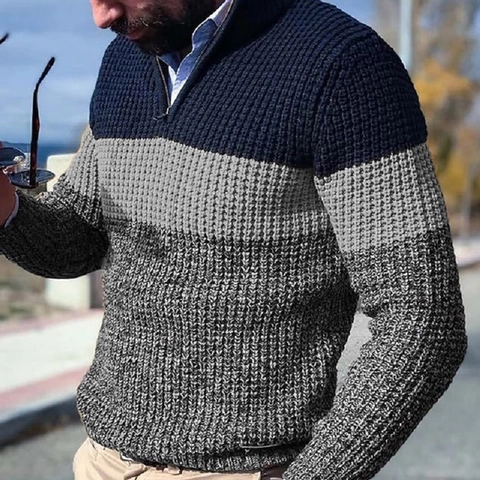 Suéter de Punto con Bloques de Color para Hombre Pullover con Cremallera 1/4 Casual Cálido de Manga Larga para Invierno