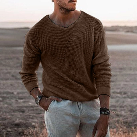Heren Wafelgebreide Trui V-Hals Lange Mouw Casual Ruime Pasvorm Effen Kleur Warm Acryl Gebreide Top Voor Herfst Winter