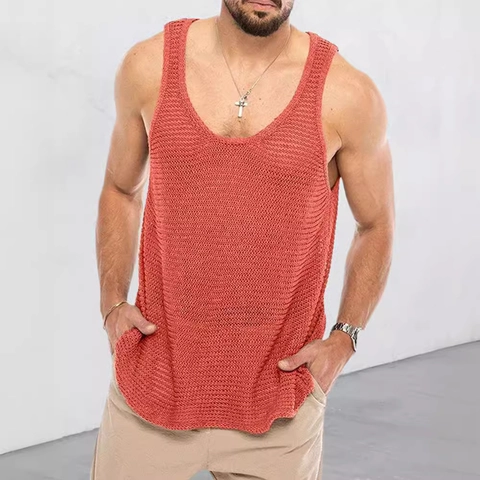 Herren Strick Tank Top Ärmellos Acryl Hohl Heraus Atmungsaktiv V-Ausschnitt Einfarbig Sommer Casual Sportlich Strand Weste Top