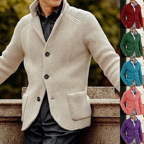 Cárdigan de Punto de Gofre para Hombre Con Cuello Alto Botonadura Sencilla Chaqueta de Poliéster de Manga Larga para Casual Oficina Otoño Invierno