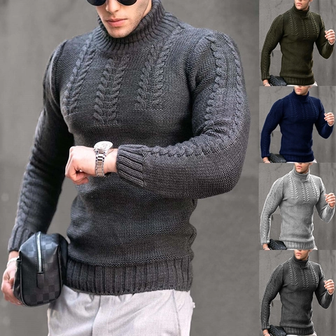 Heren Coltrui Kabelgebreid Warm Acryl Lange Mouwen Slim Fit Trui Winter Casual Mode Effen Kleur Breigoed