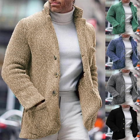 Cardigan en Grosse Maille Décontracté pour Hommes Col Montant Veste Pull à Boutonnage Simple Avec Poches Manteau Hiver