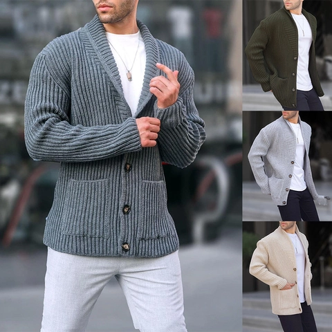 Men Casual Knitted Cardigan Acrylic Shawl Collar Button Up Sweater Jacket For Autumn Winter Outdoor Long Sleeve Top