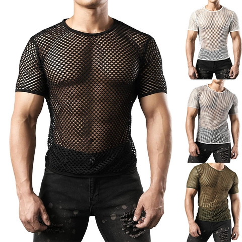 Maglietta in Rete Traforata da Uomo Estiva Slim Fit Traspirante Girocollo in Misto Lino a Manica Corta Top Trasparente